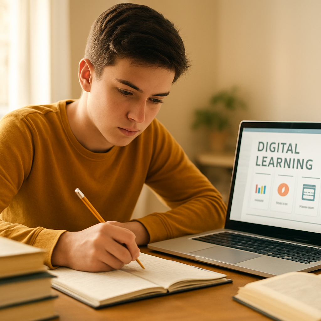 A student studying with a laptop showing a digital learning dashboard