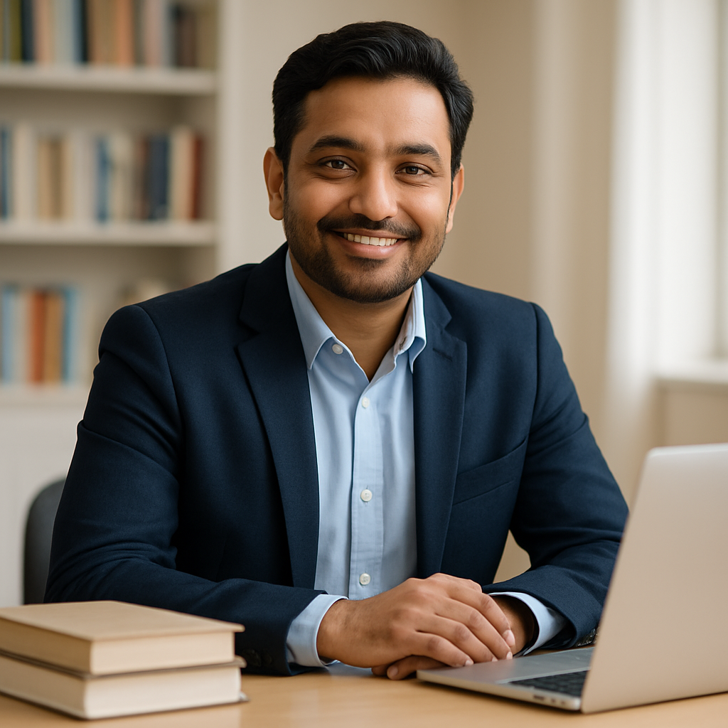 Ali Farooq, experienced educator, at his desk in the learning space